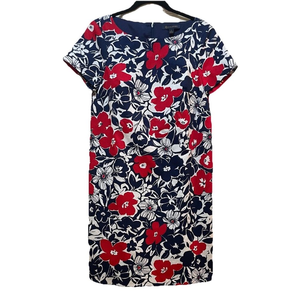 BROOKS BROTHERS Blue/Red/White Floral Print Boat Neck  Shift Dress Sz 2
